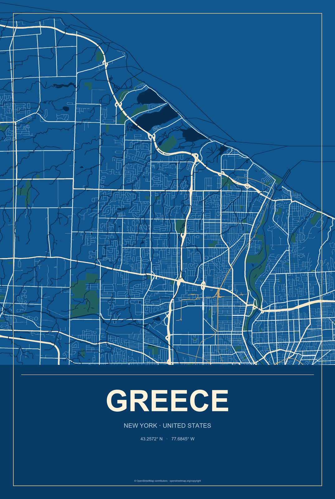 Greece, New York City Map Aluminum Sign in Harbor Cobalt style