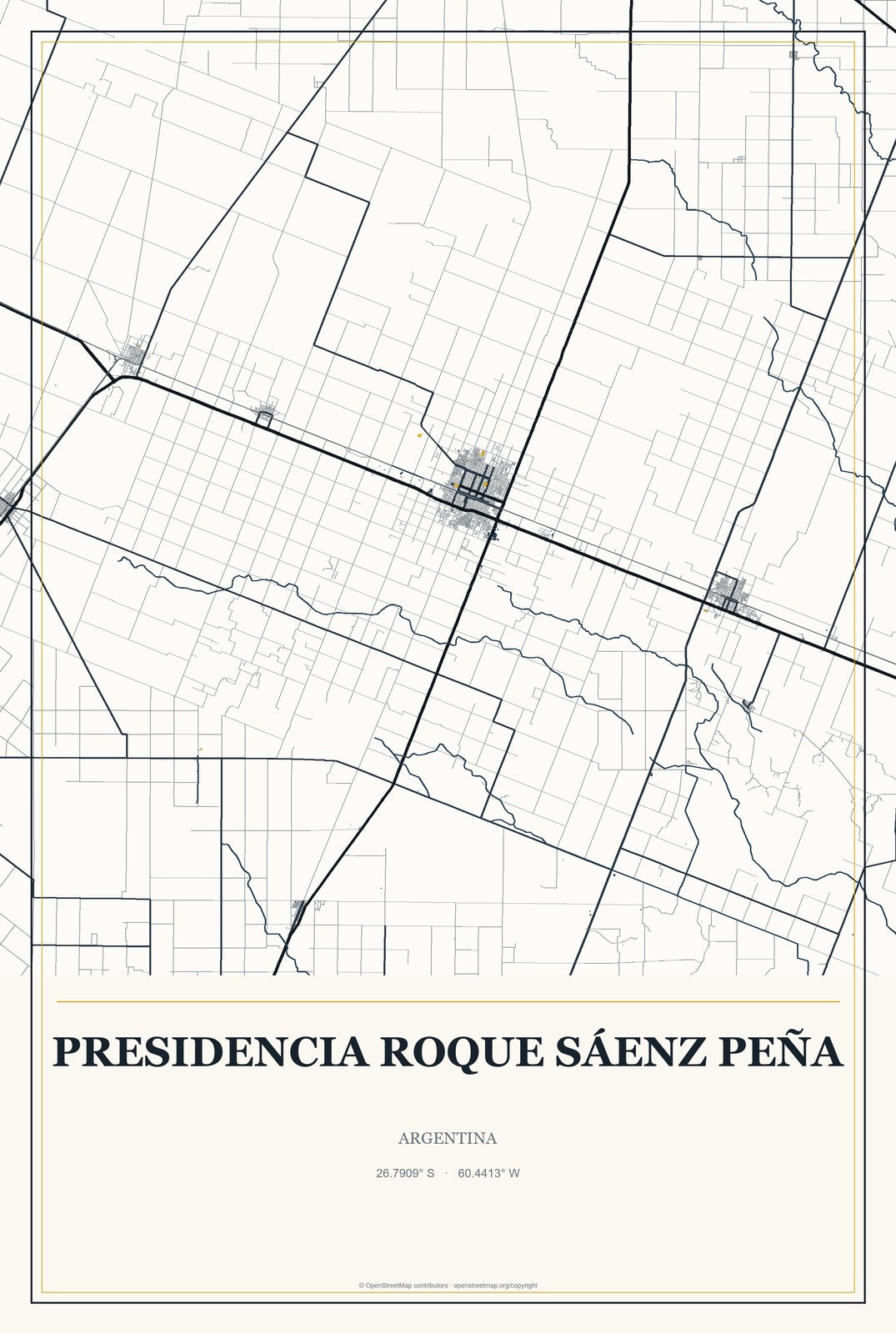 Presidencia Roque Sáenz Peña, Argentina City Map Aluminum Sign in Citrine Modern style