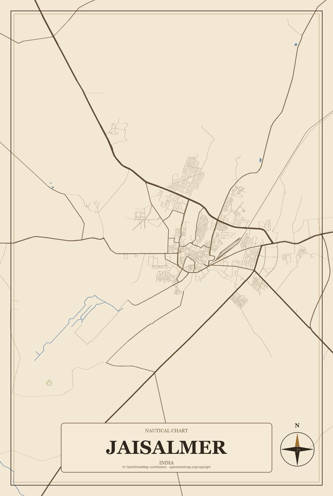 Jaisalmer, India City Map Aluminum Sign in Heritage Nautical style
