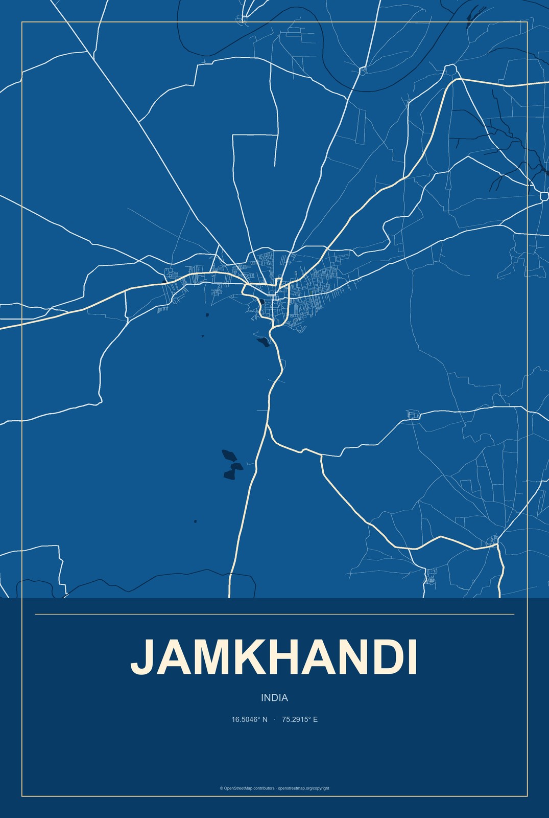 Jamkhandi, India City Map Aluminum Sign in Harbor Cobalt style