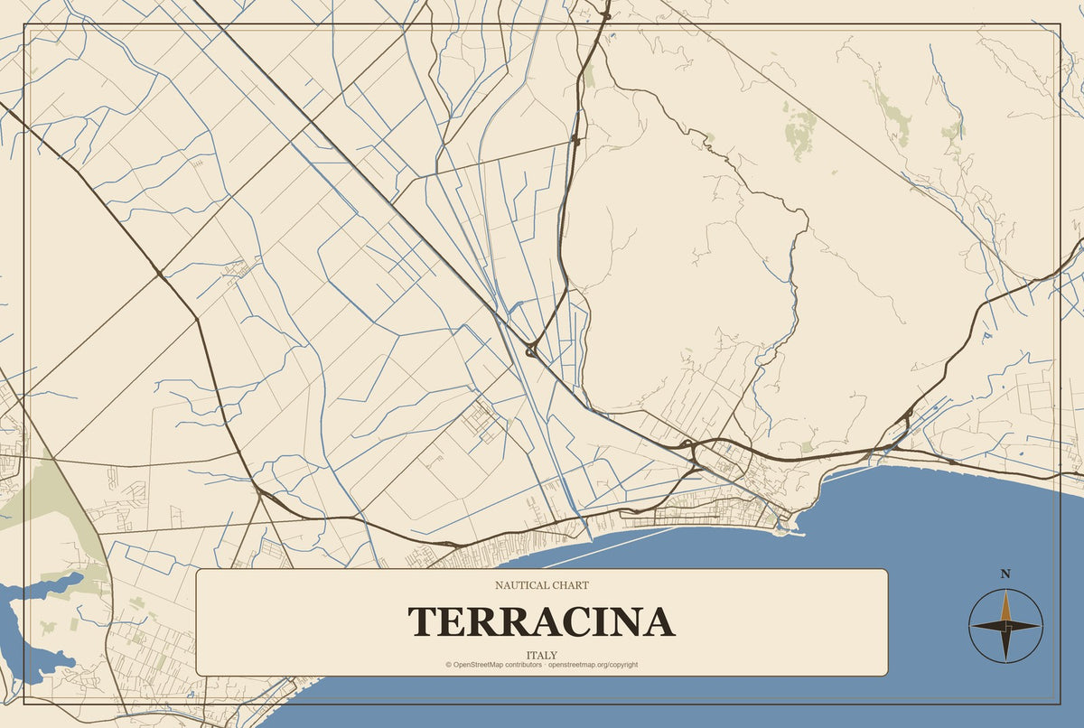 Terracina, Italy City Map Aluminum Sign in Heritage Nautical style