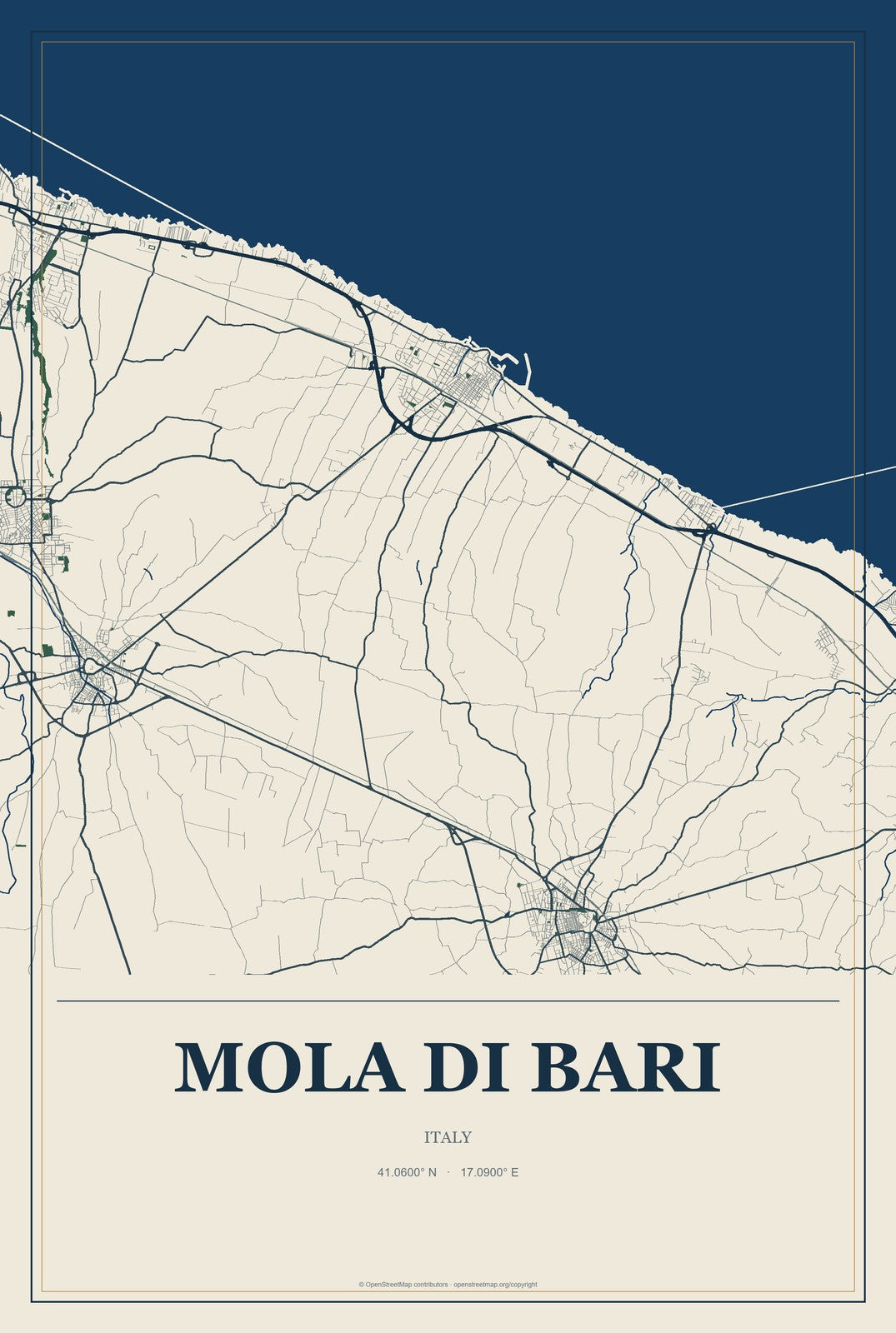 Mola di Bari, Italy City Map Aluminum Sign in Coastal Cutout style