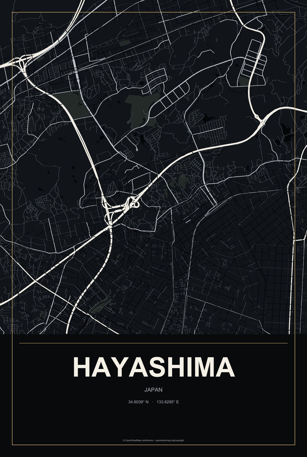 Hayashima, Japan City Map Aluminum Sign in Metropolitan Noir style