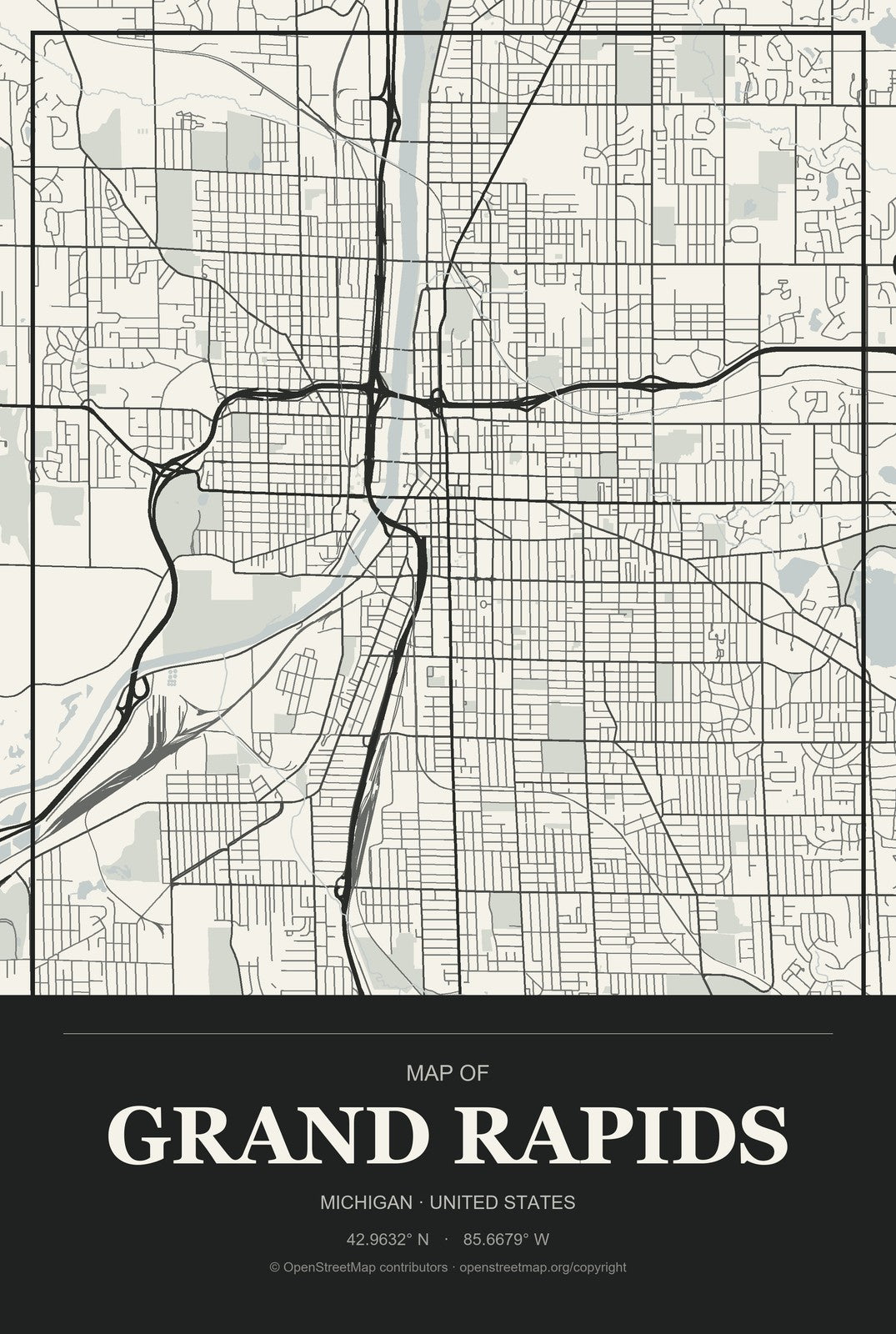 Grand Rapids, Michigan City Map Aluminum Sign in Museum Plaque style