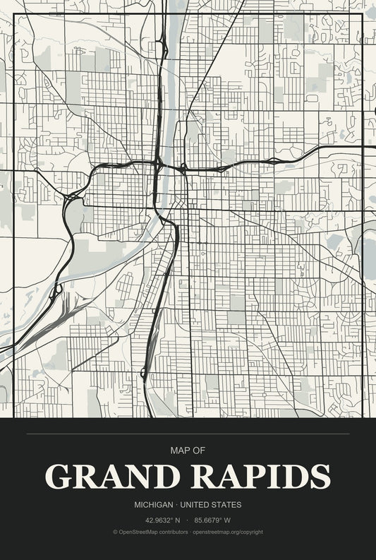 Grand Rapids, Michigan City Map Aluminum Sign in Museum Plaque style
