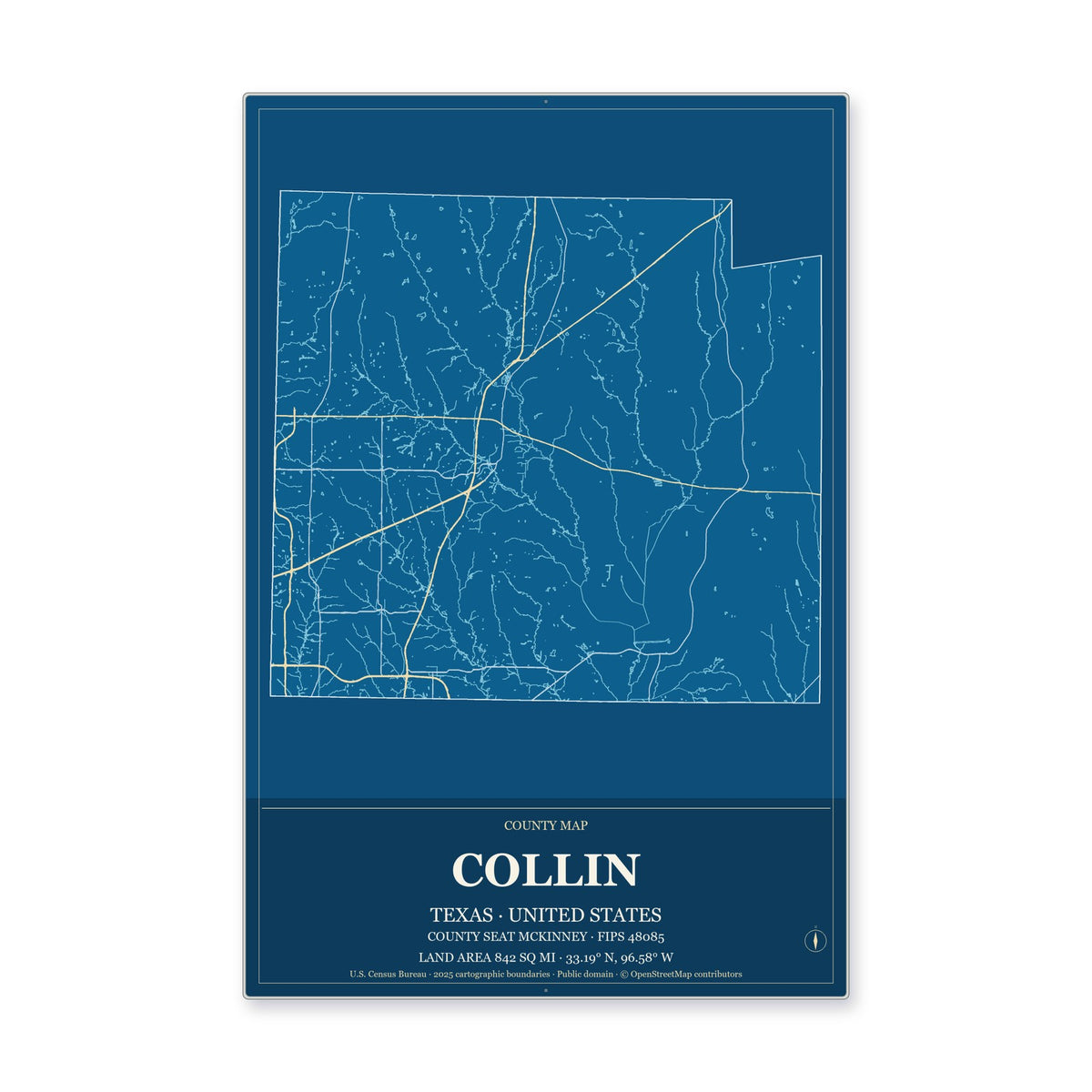 Collin County, Texas Map Aluminum Sign in Harbor Cobalt style