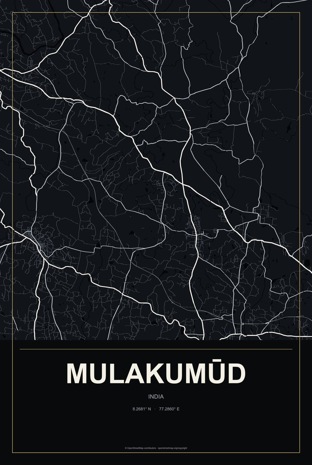Mulakumūd, India City Map Aluminum Sign in Metropolitan Noir style