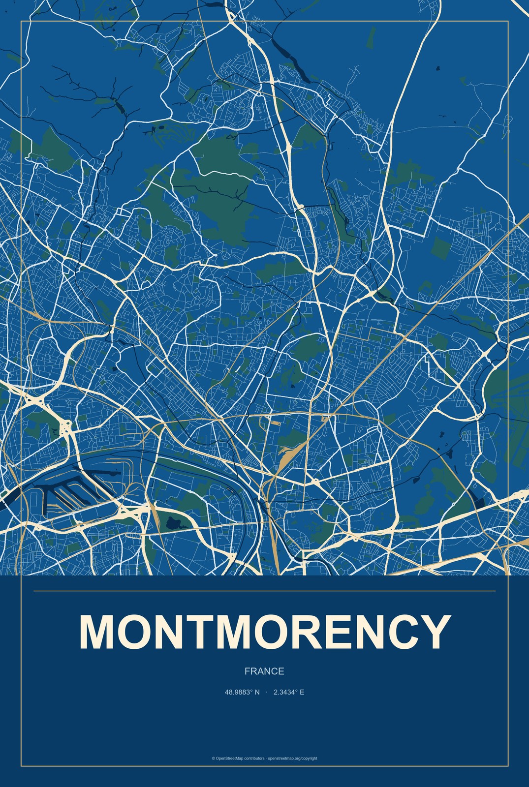 Montmorency, France City Map Aluminum Sign in Harbor Cobalt style