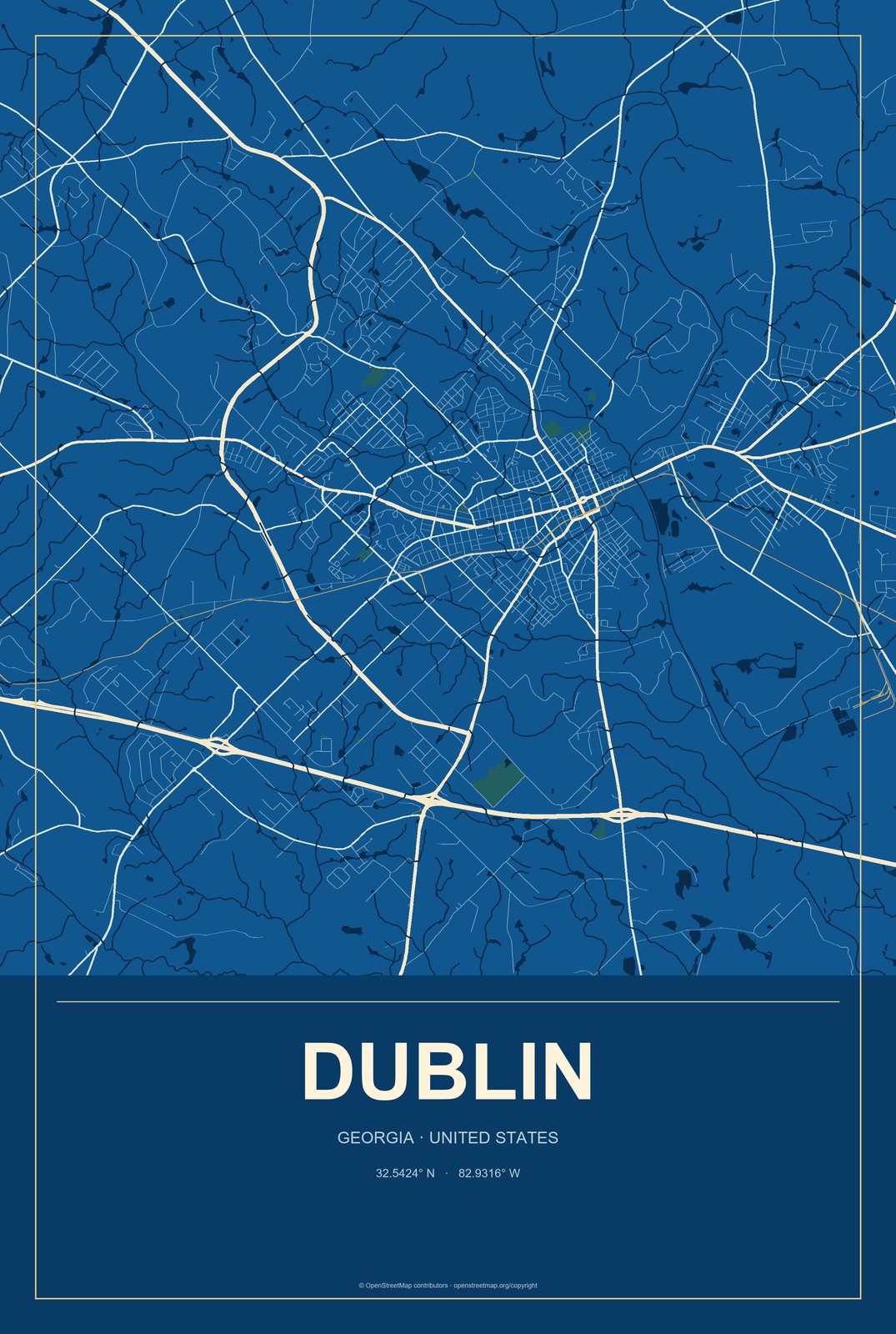 Dublin, Georgia City Map Aluminum Sign in Harbor Cobalt style