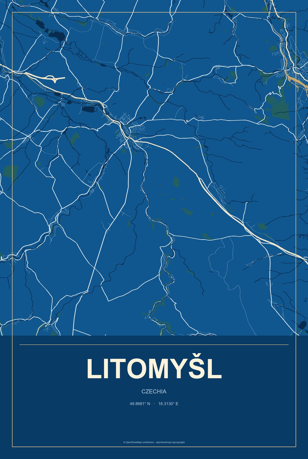 Litomyšl, Czechia City Map Aluminum Sign in Harbor Cobalt style