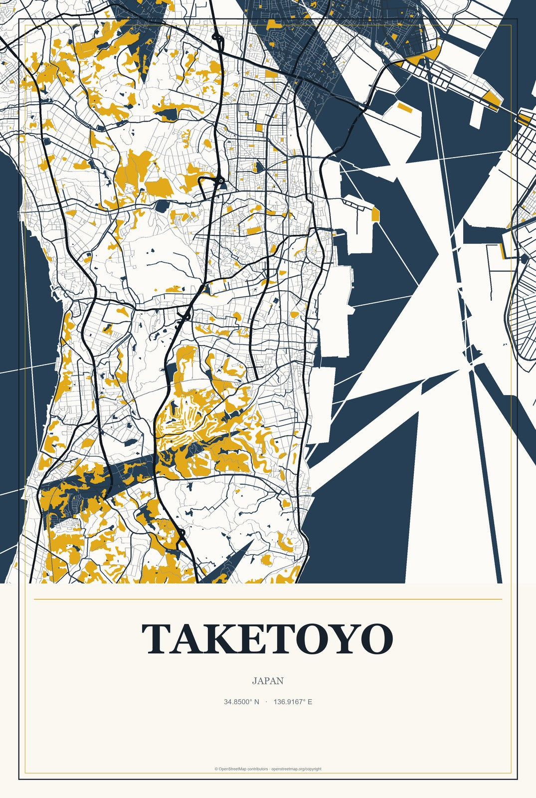 Taketoyo, Japan City Map Aluminum Sign in Citrine Modern style