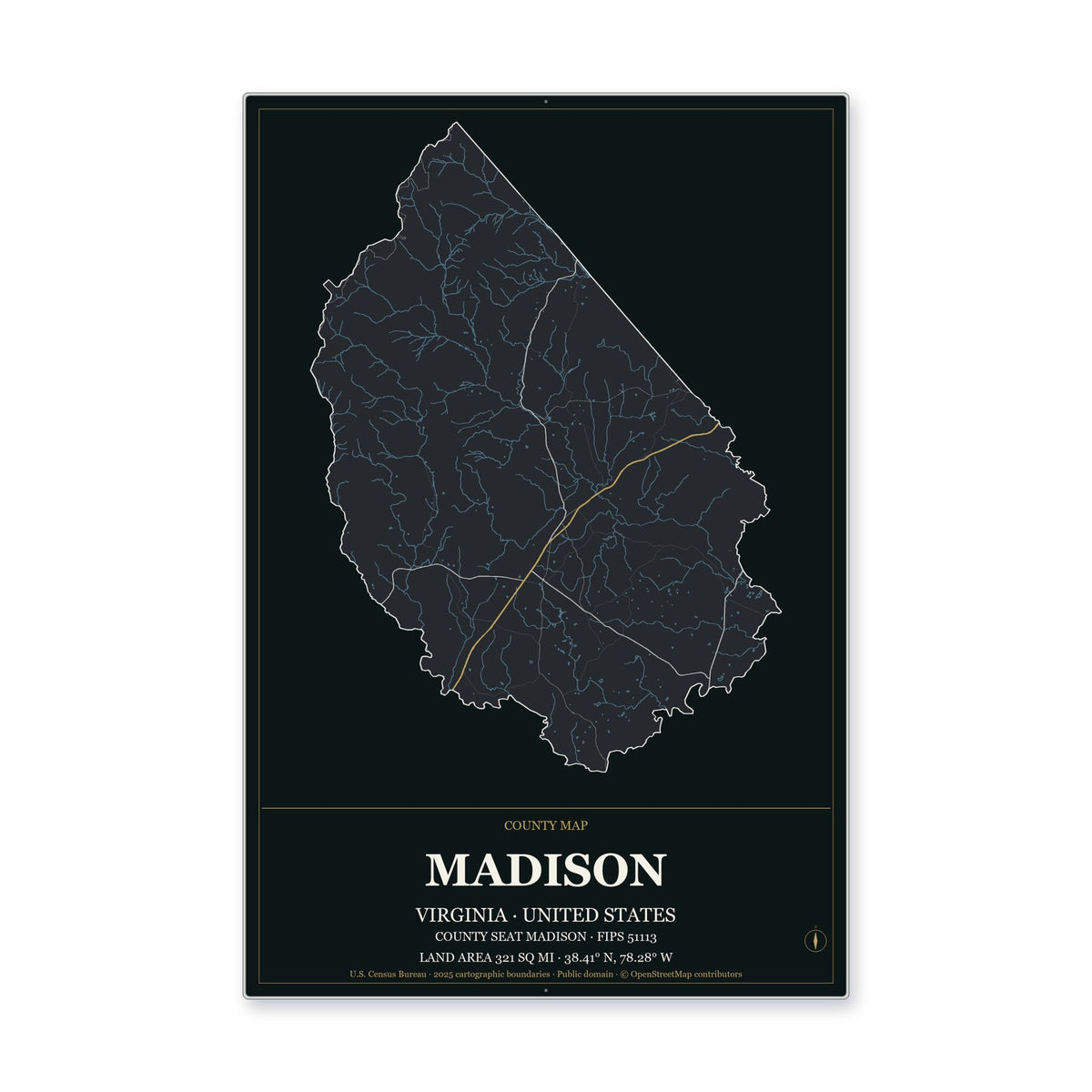 Madison County, Virginia Map Aluminum Sign in Metropolitan Noir style
