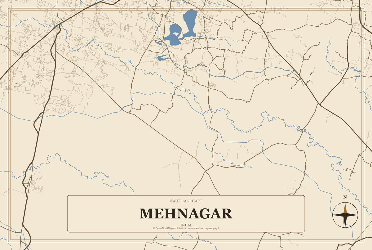 Mehnagar, India City Map Aluminum Sign in Heritage Nautical style