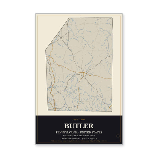 Butler County, Pennsylvania Map Aluminum Sign in Museum Plaque style