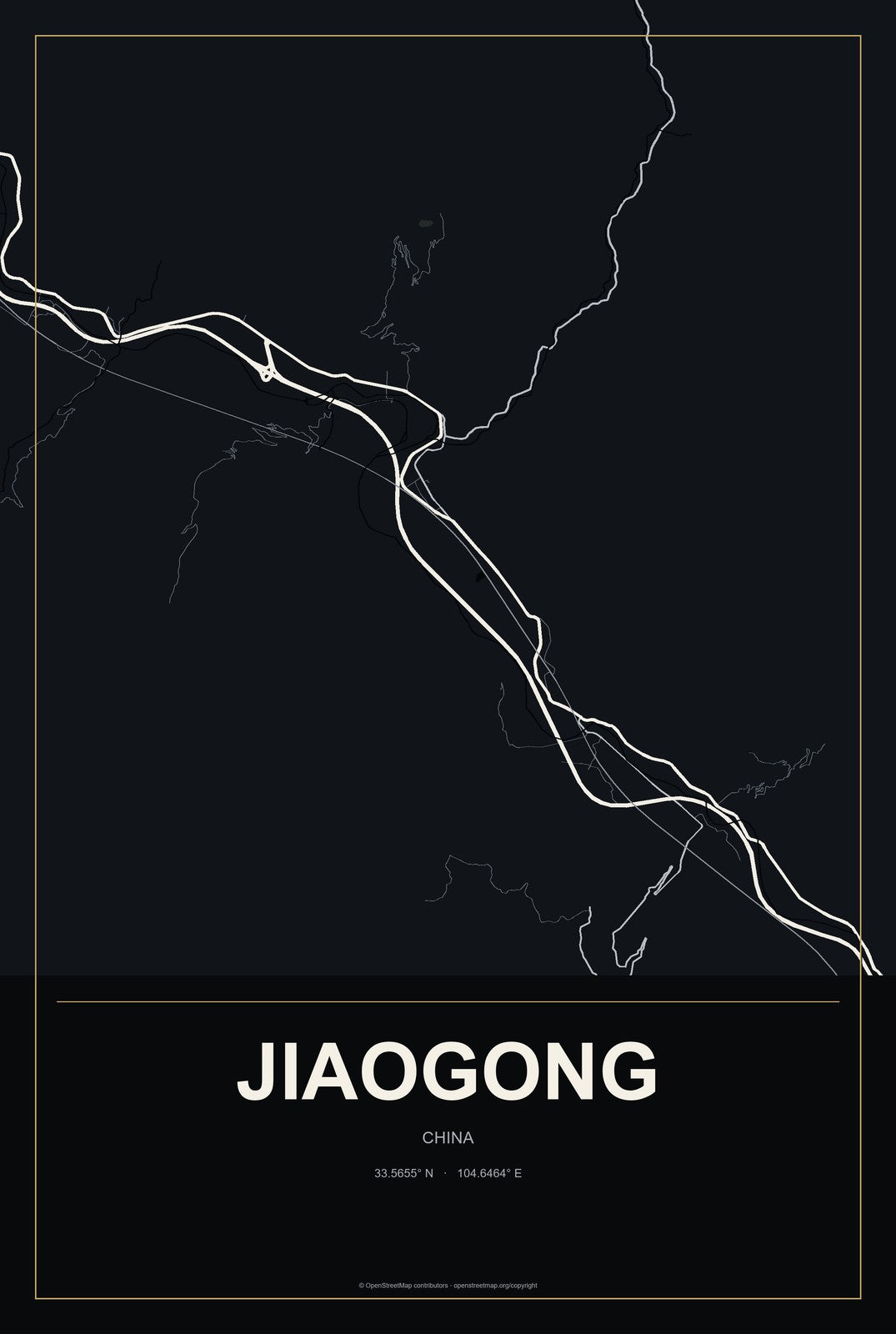 Jiaogong, China City Map Aluminum Sign in Metropolitan Noir style