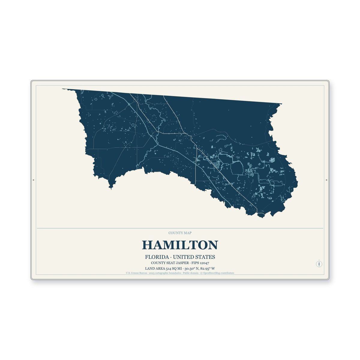 Hamilton County, Florida Map Aluminum Sign in Coastal Cutout style