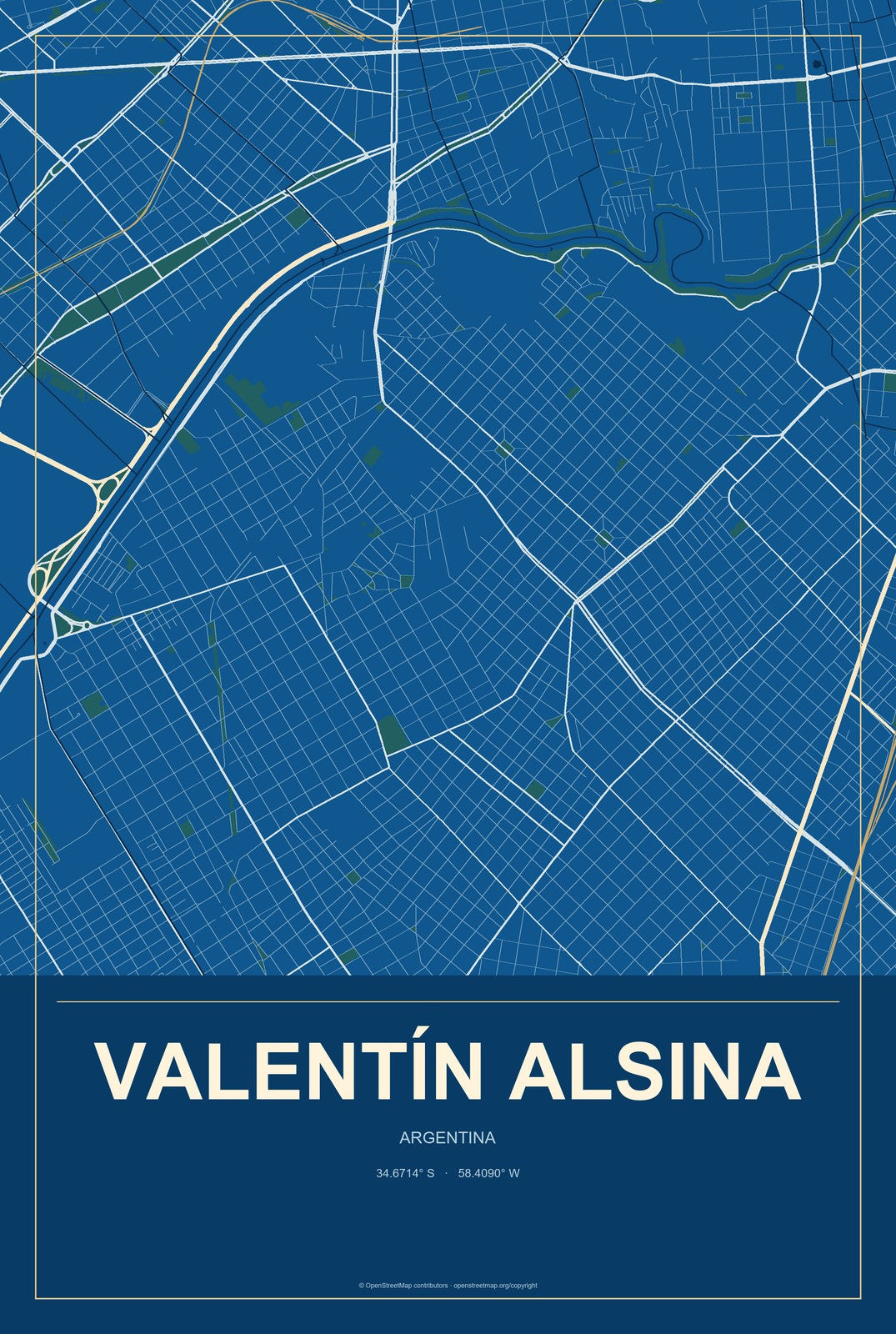Valentín Alsina, Argentina City Map Aluminum Sign in Harbor Cobalt style