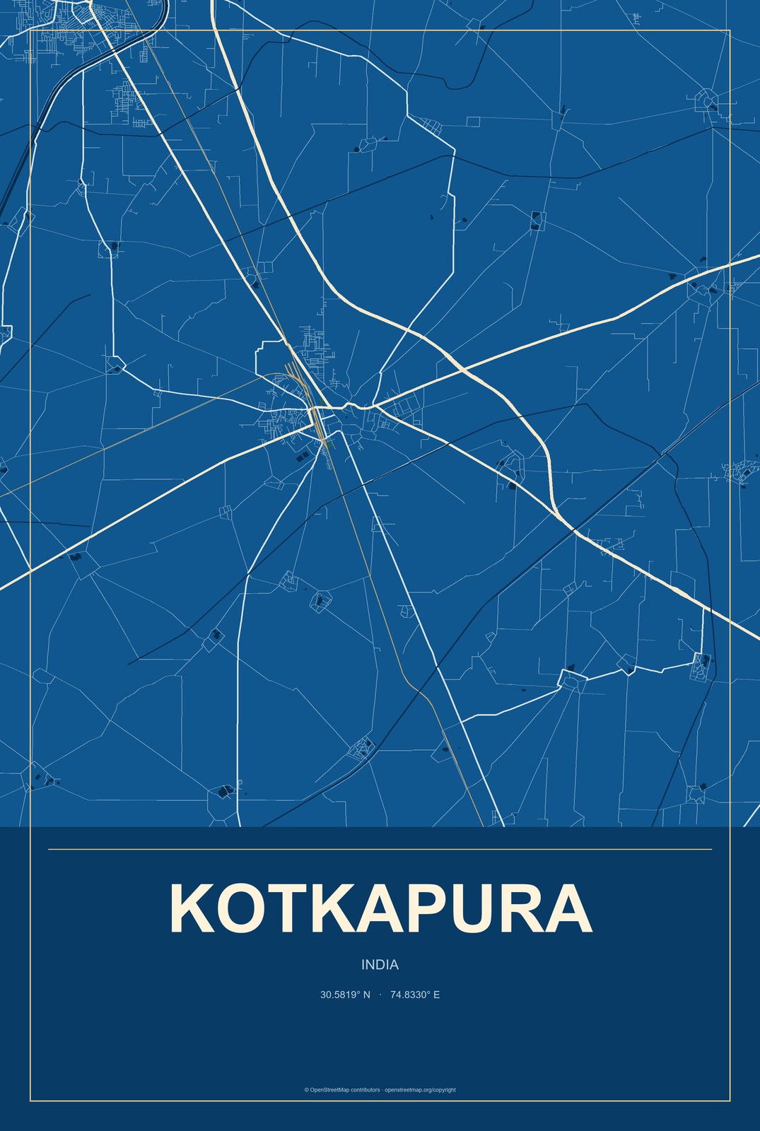 Kotkapura, India City Map Aluminum Sign in Harbor Cobalt style