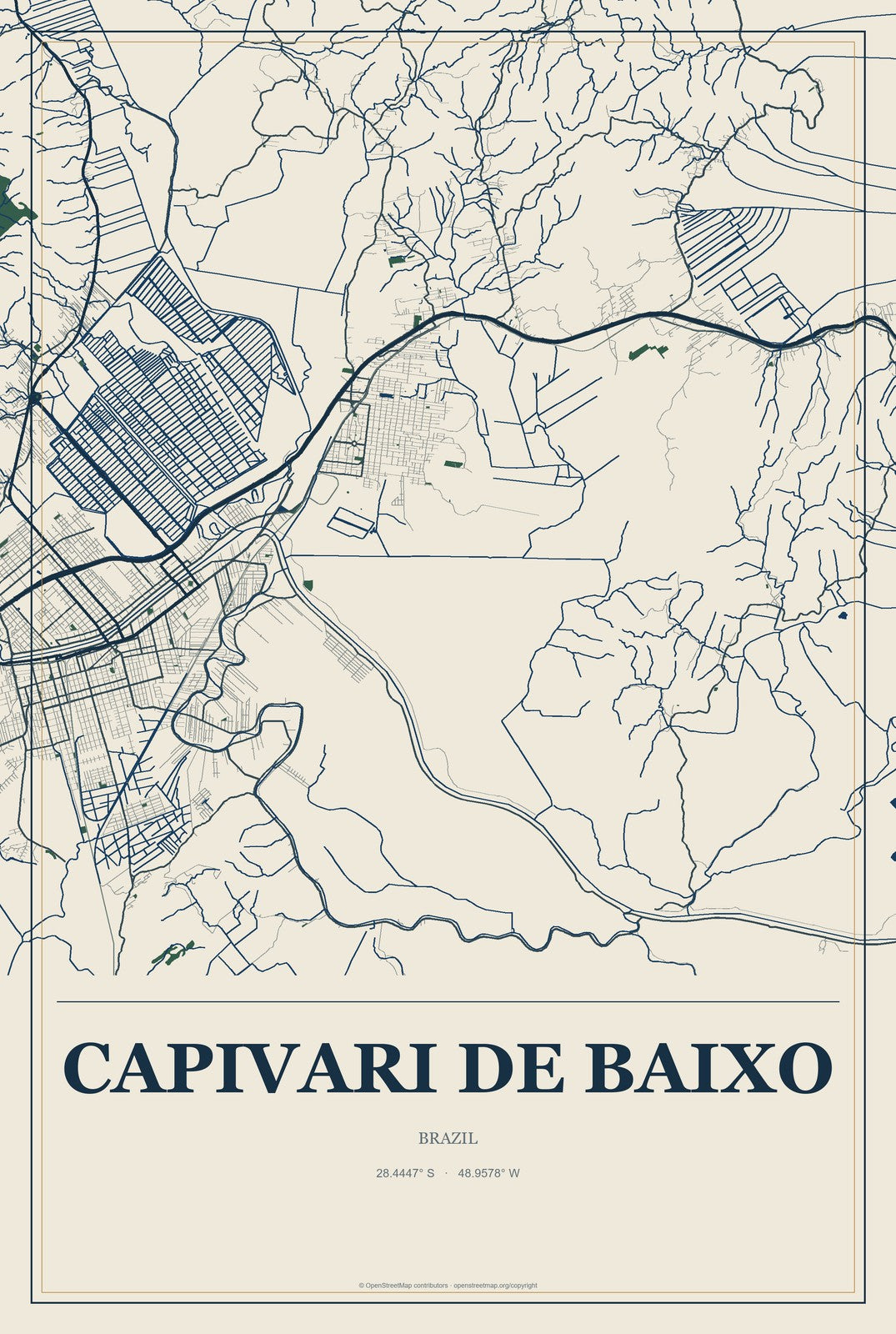 Capivari de Baixo, Brazil City Map Aluminum Sign in Coastal Cutout style
