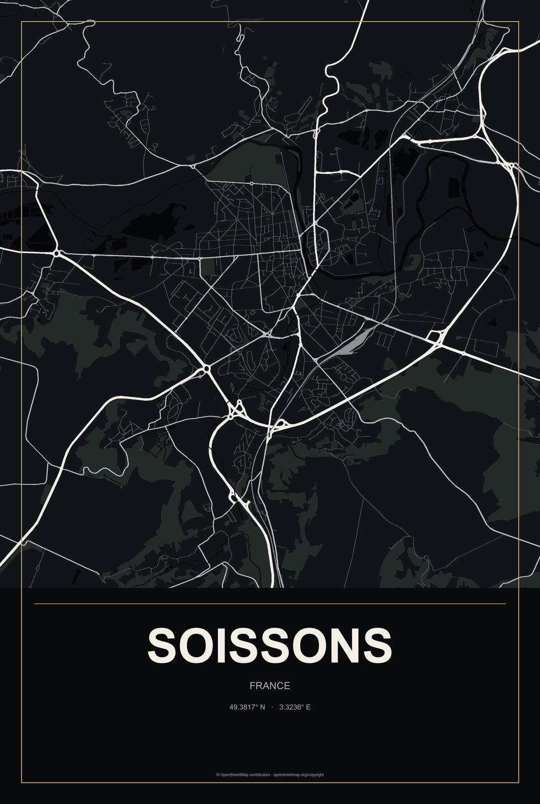 Soissons, France City Map Aluminum Sign in Metropolitan Noir style
