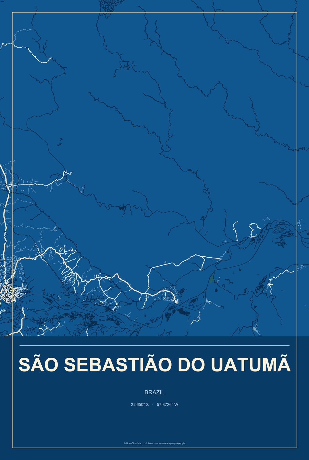 São Sebastião do Uatumã, Brazil City Map Aluminum Sign in Harbor Cobalt style