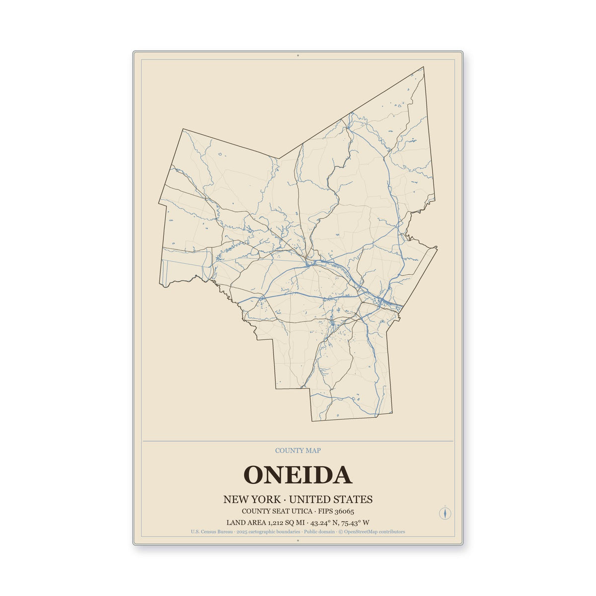 Oneida County, New York Map Aluminum Sign in Heritage Nautical style