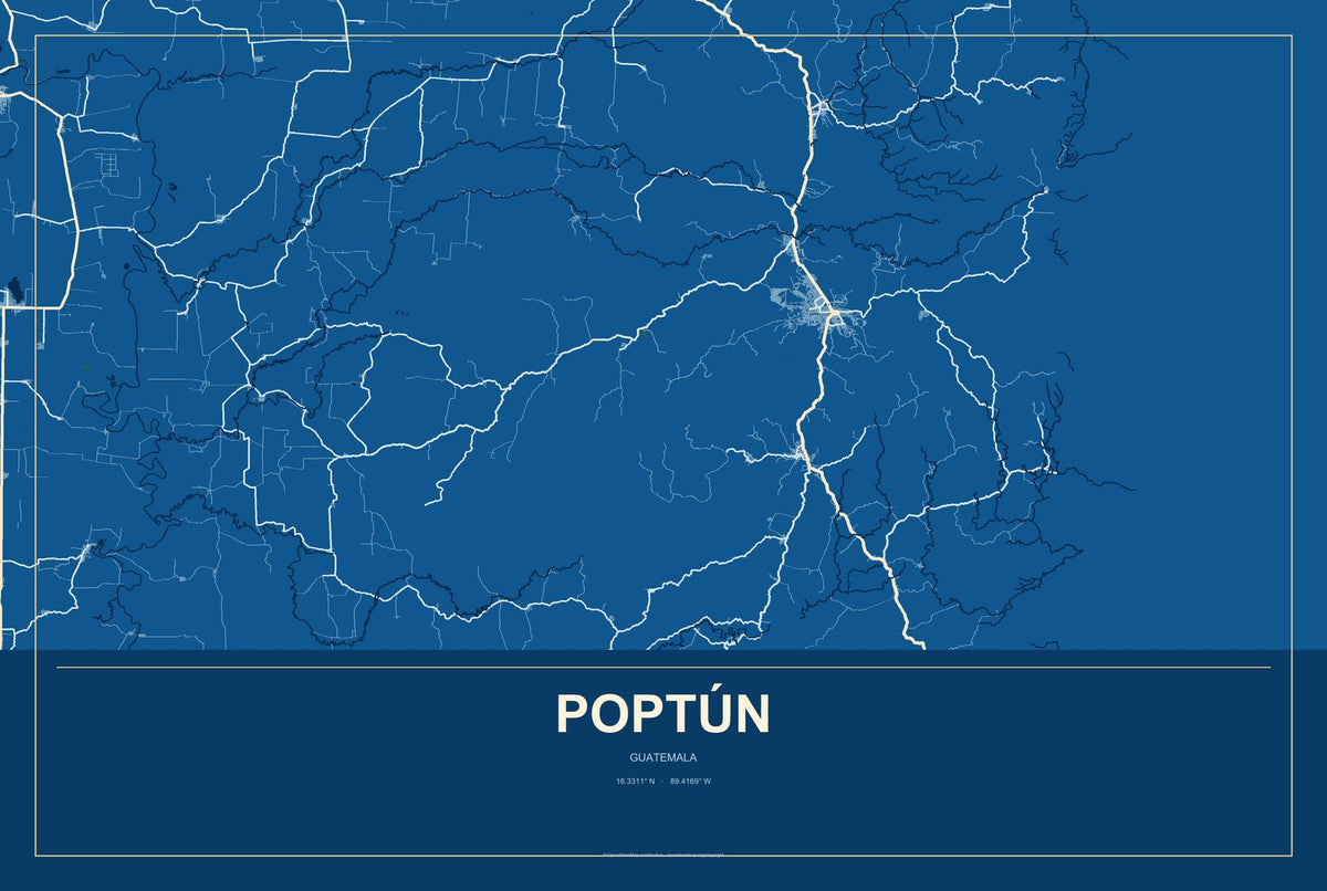 Poptún, Guatemala City Map Aluminum Sign in Harbor Cobalt style