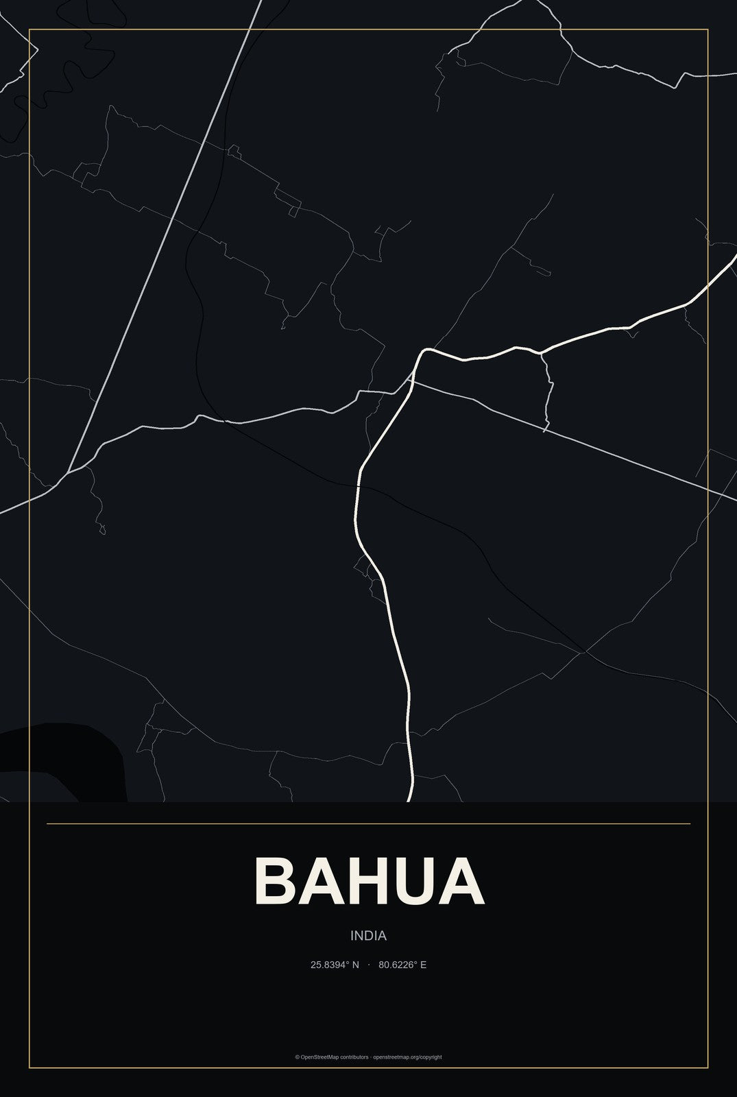 Bahua, India City Map Aluminum Sign in Metropolitan Noir style