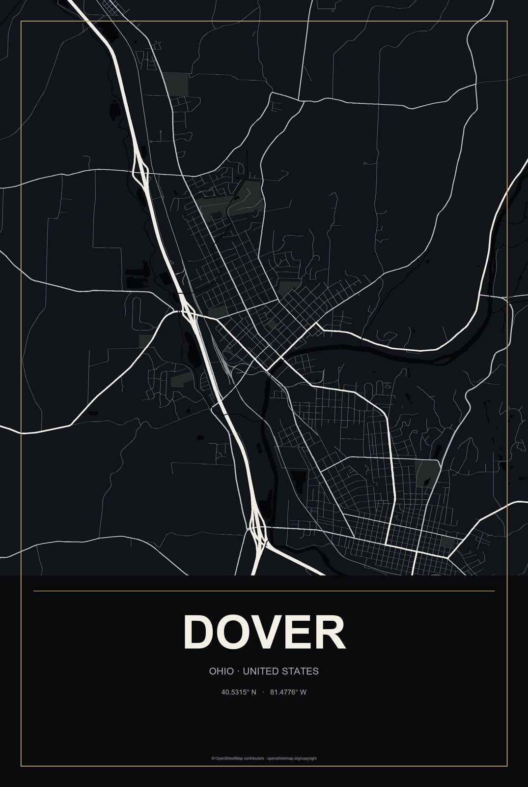 Dover, Ohio City Map Aluminum Sign in Metropolitan Noir style