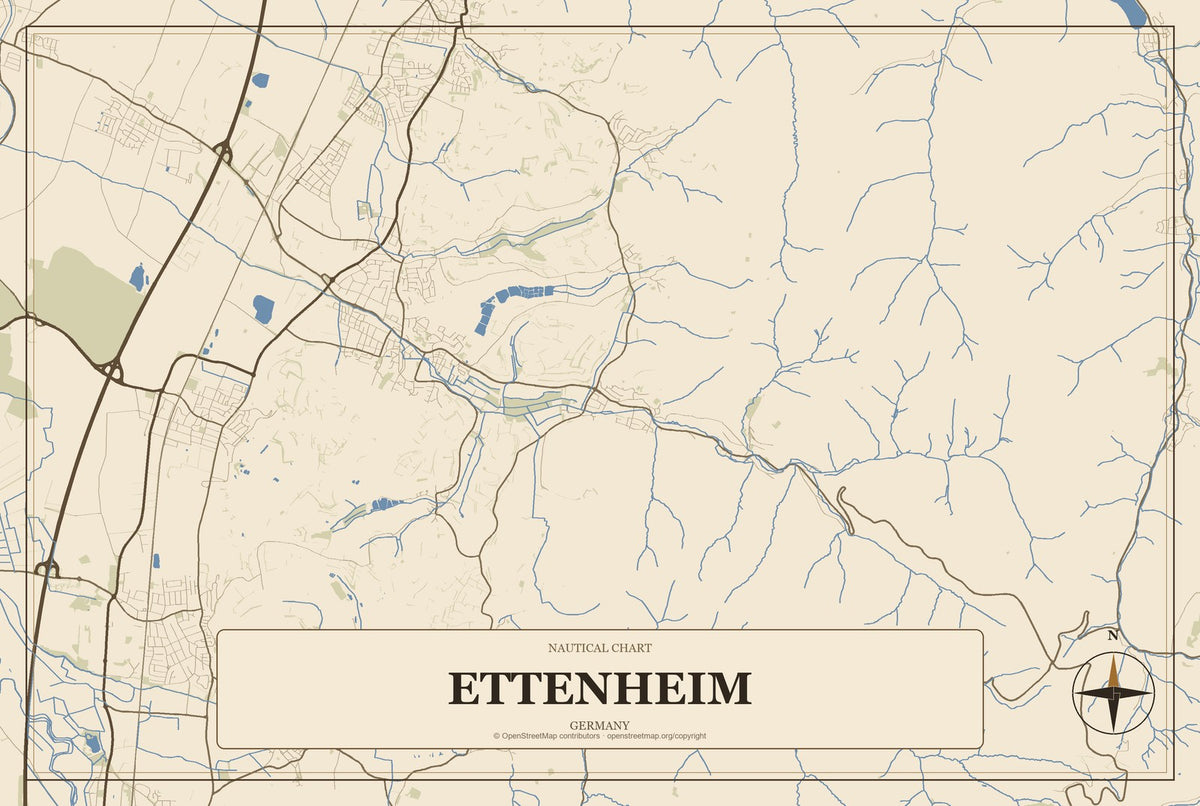 Ettenheim, Germany City Map Aluminum Sign in Heritage Nautical style