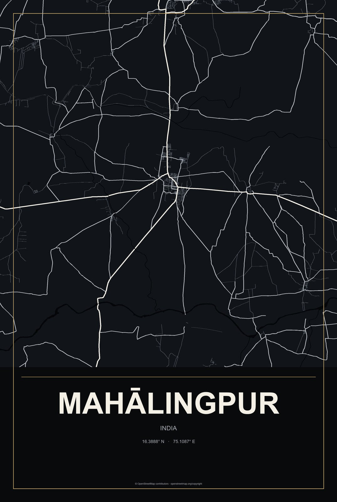 Mahālingpur, India City Map Aluminum Sign in Metropolitan Noir style