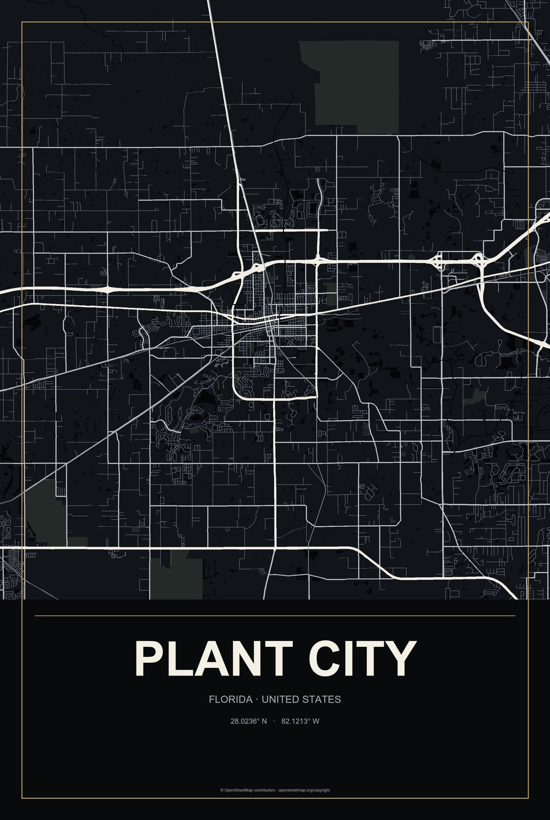 Plant City, Florida City Map Aluminum Sign in Metropolitan Noir style