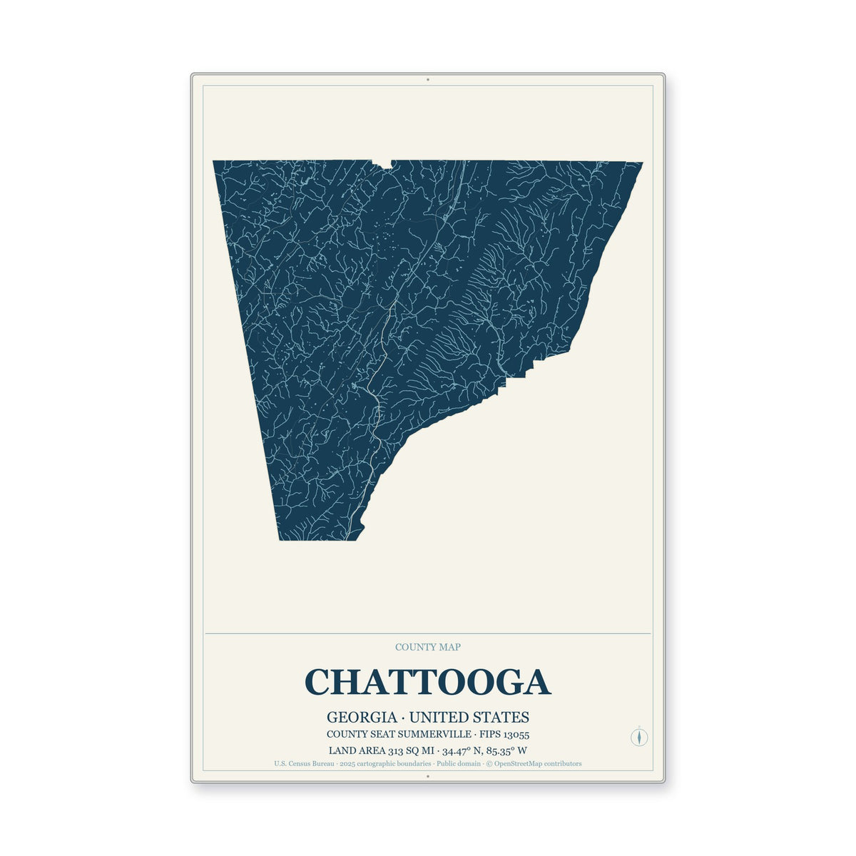 Chattooga County, Georgia Map Aluminum Sign in Coastal Cutout style