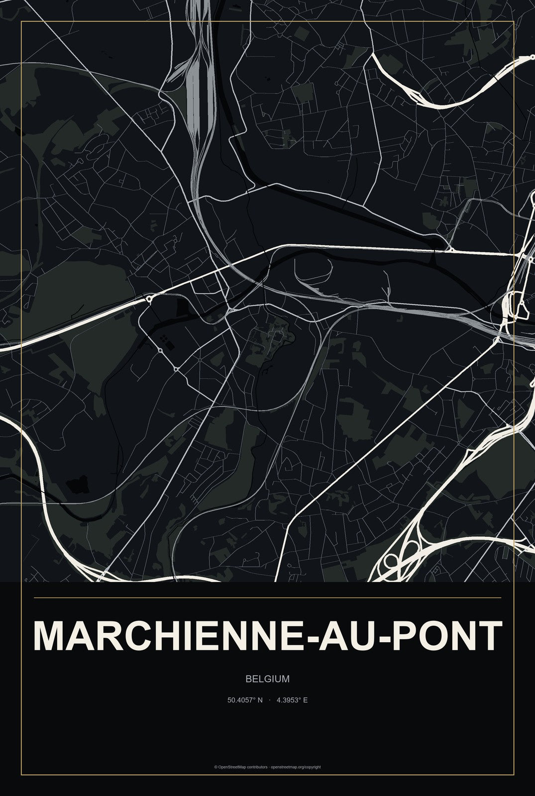 Marchienne-au-Pont, Belgium City Map Aluminum Sign in Metropolitan Noir style