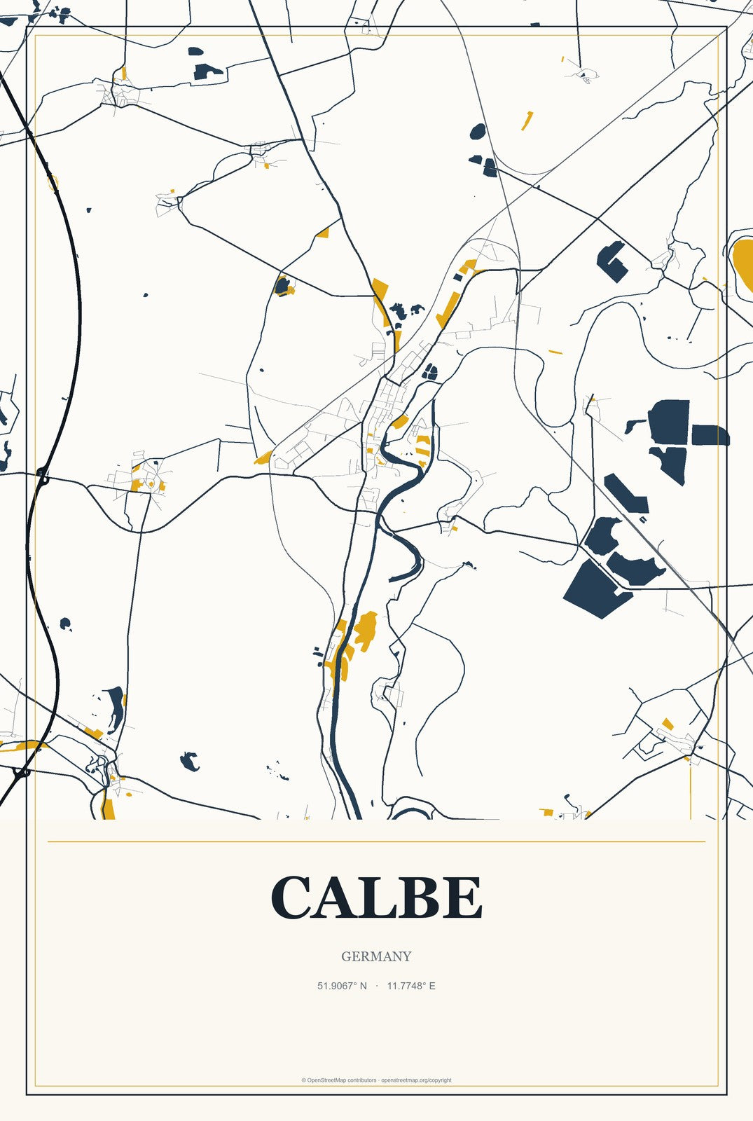 Calbe, Germany City Map Aluminum Sign in Citrine Modern style