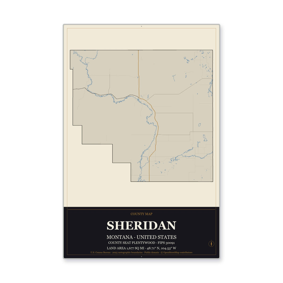 Sheridan County, Montana Map Aluminum Sign in Museum Plaque style