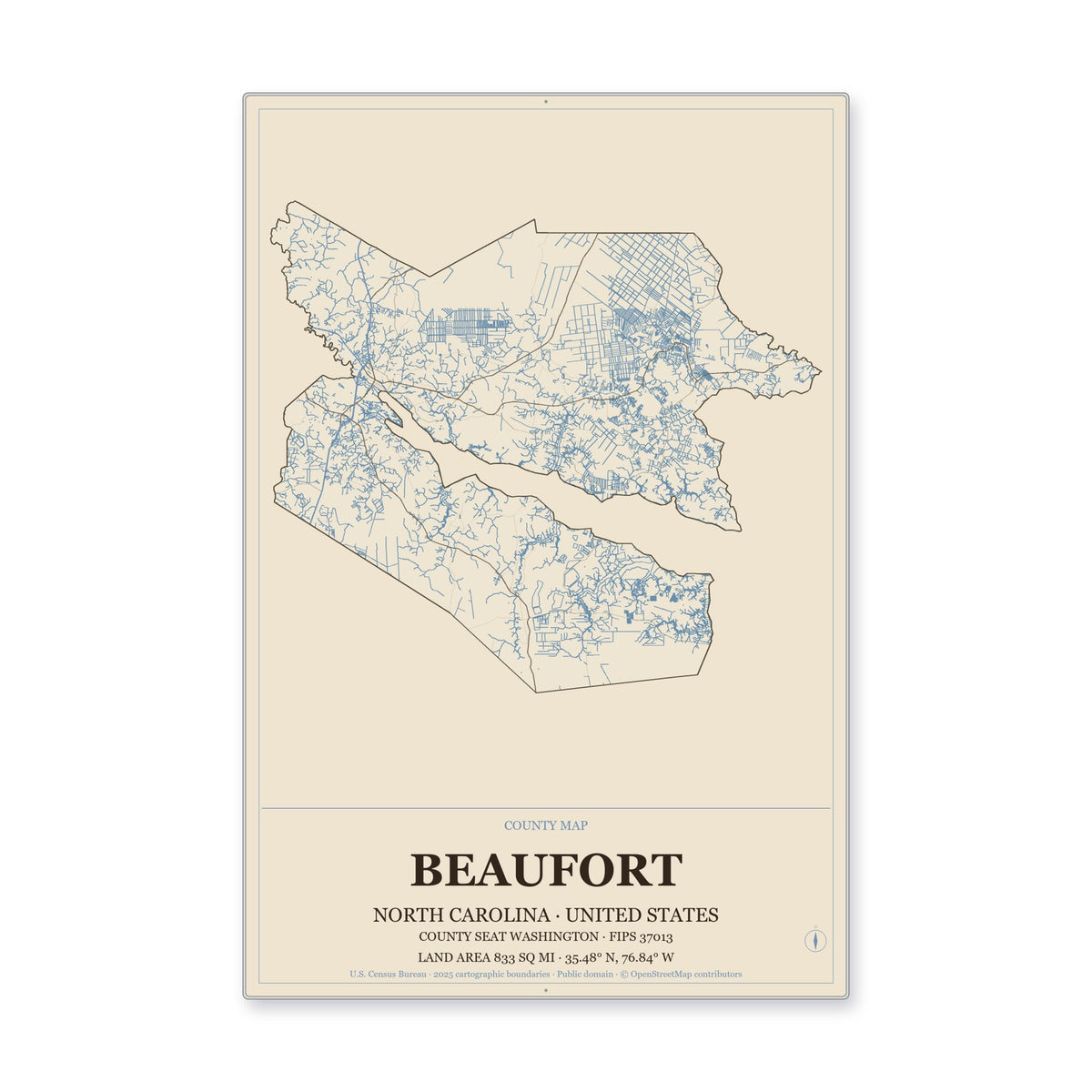 Beaufort County, North Carolina Map Aluminum Sign in Heritage Nautical style
