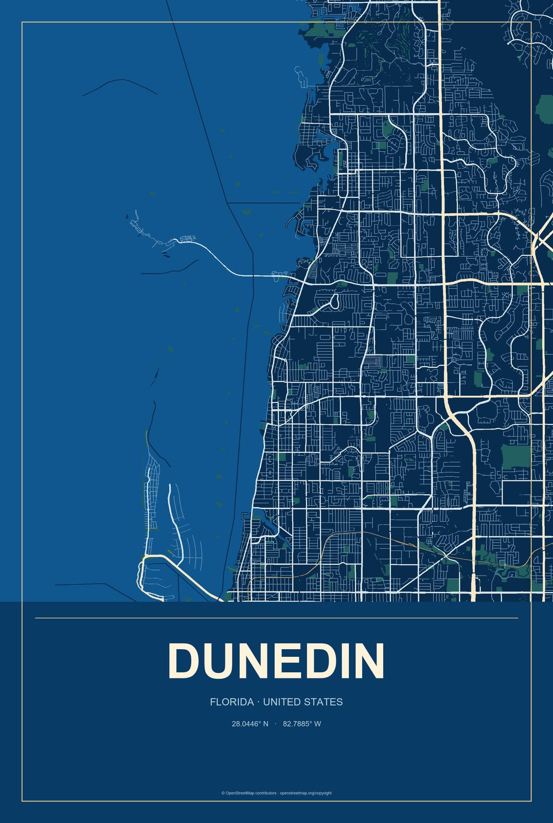 Dunedin, Florida City Map Aluminum Sign in Harbor Cobalt style