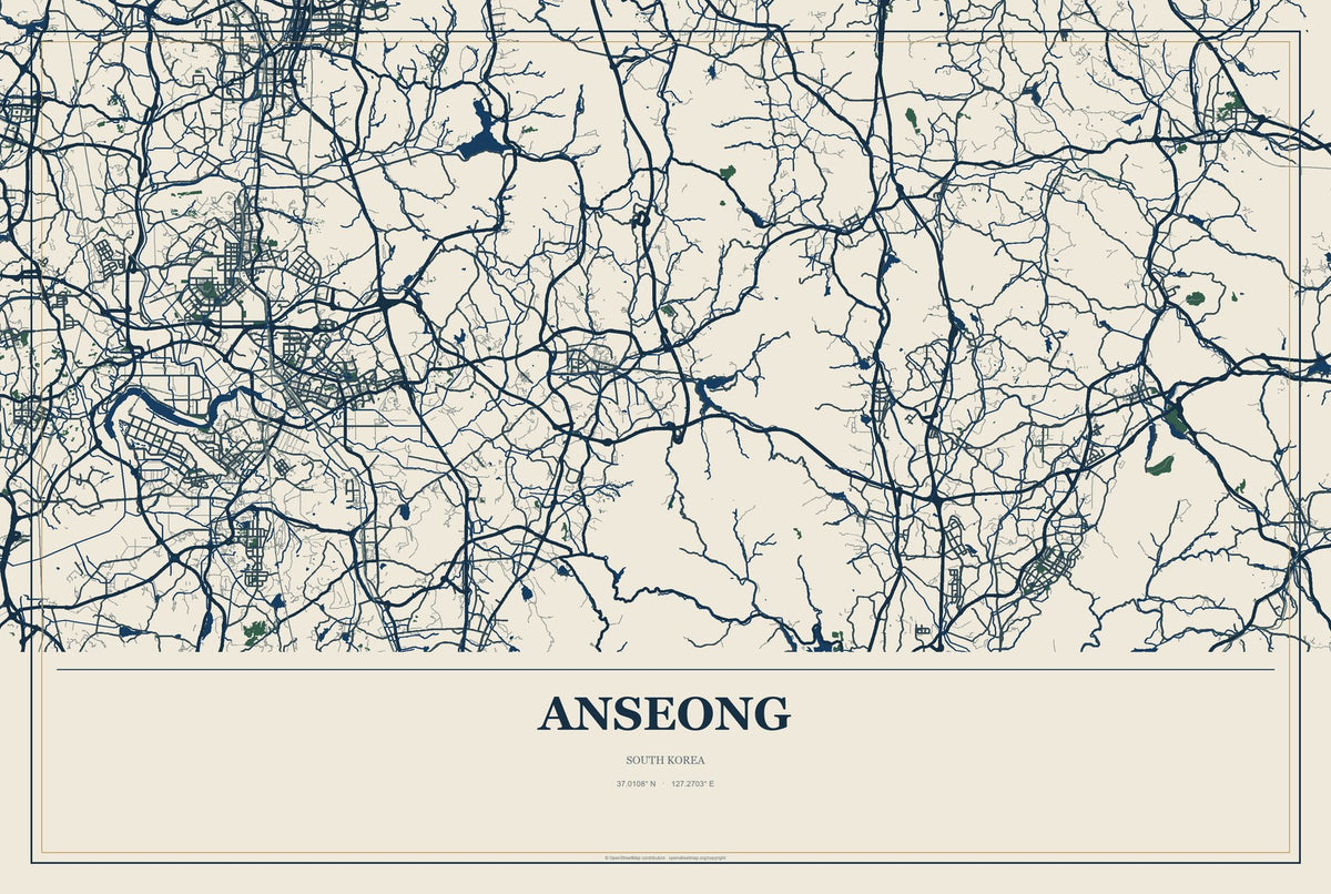 Anseong, South Korea City Map Aluminum Sign in Coastal Cutout style