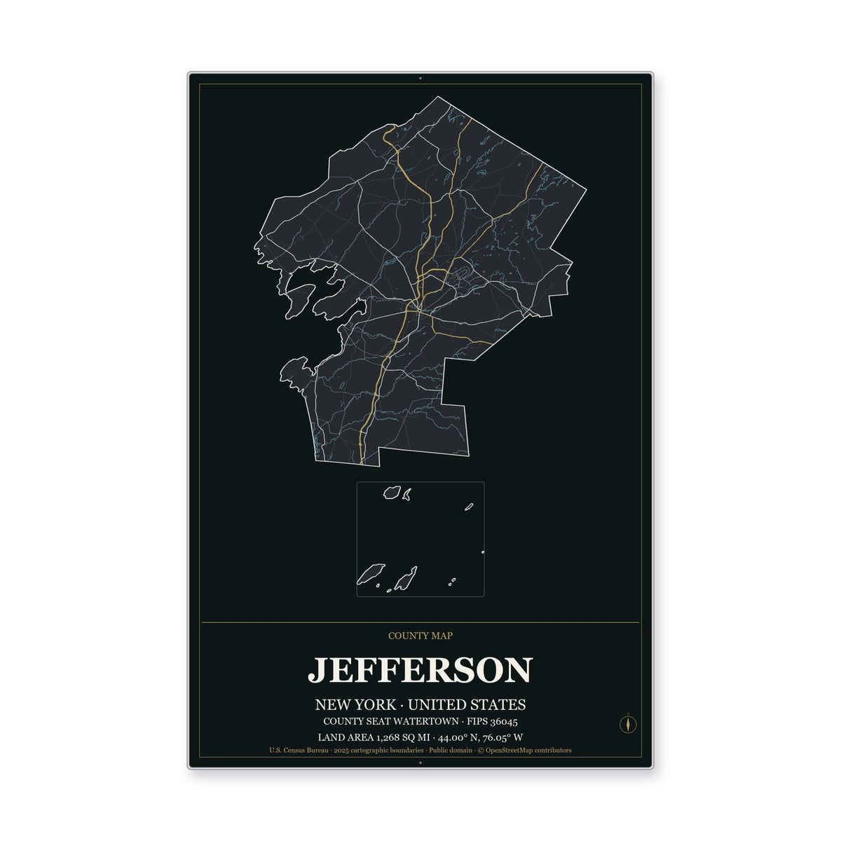 Jefferson County, New York Map Aluminum Sign in Metropolitan Noir style