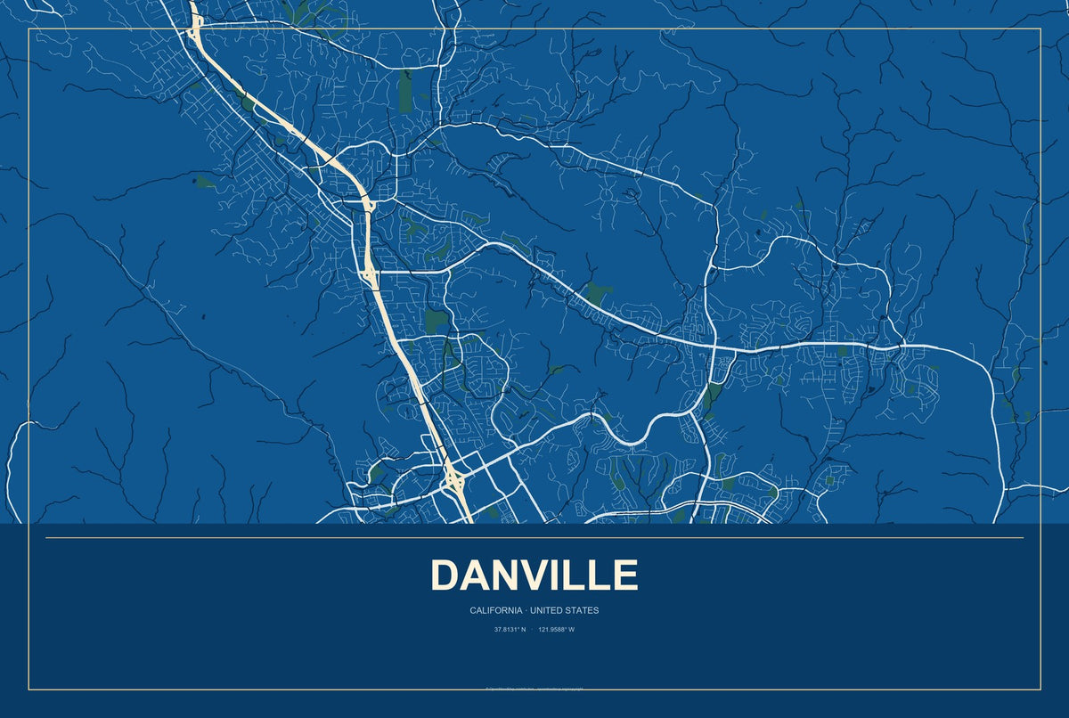 Danville, California City Map Aluminum Sign in Harbor Cobalt style
