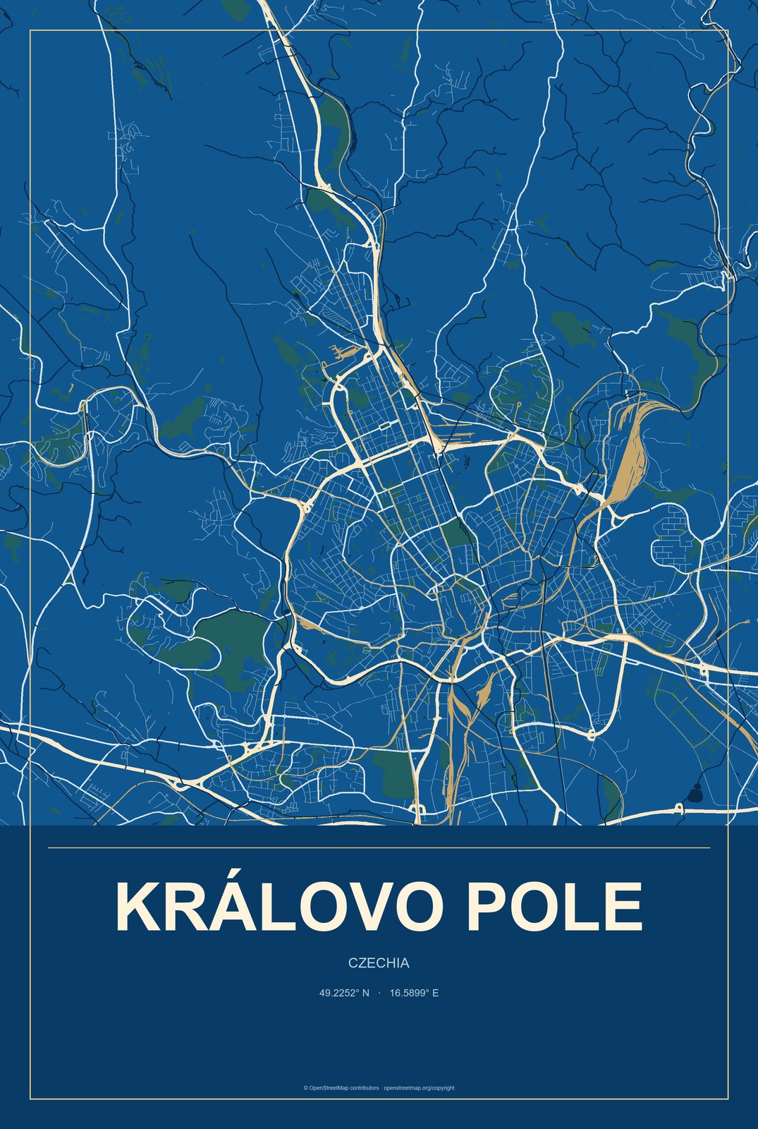 Královo Pole, Czechia City Map Aluminum Sign in Harbor Cobalt style