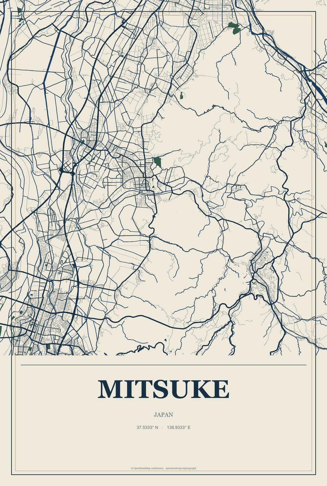 Mitsuke, Japan City Map Aluminum Sign in Coastal Cutout style