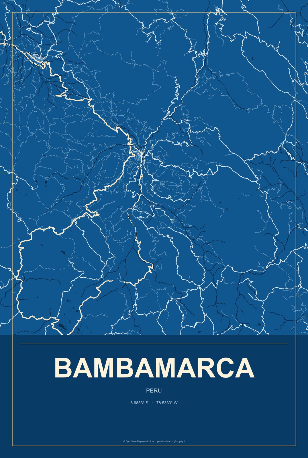Bambamarca, Peru City Map Aluminum Sign in Harbor Cobalt style