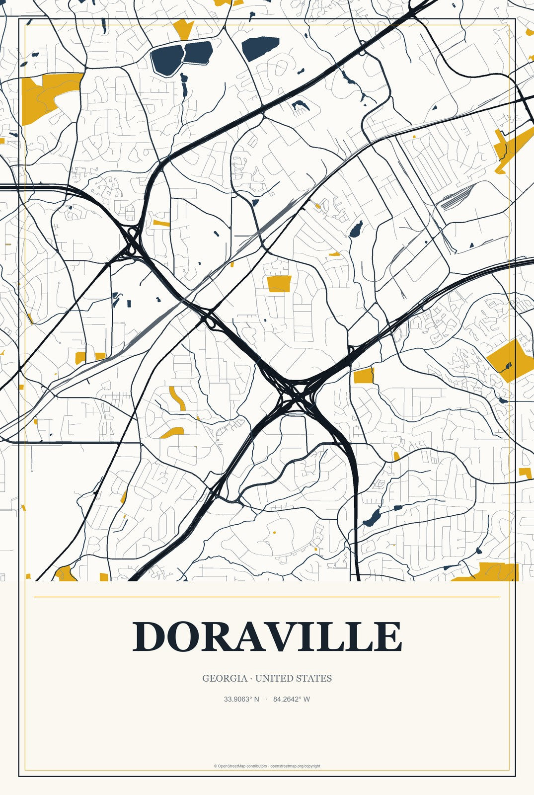 Doraville, Georgia City Map Aluminum Sign in Citrine Modern style