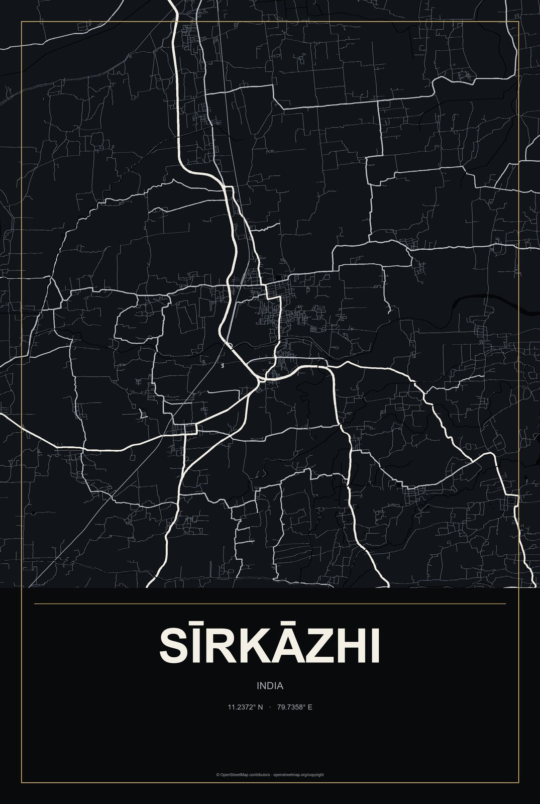 Sīrkāzhi, India City Map Aluminum Sign in Metropolitan Noir style