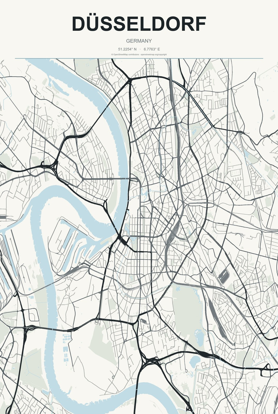 Düsseldorf, Germany City Map Aluminum Sign in Headline Atlas style