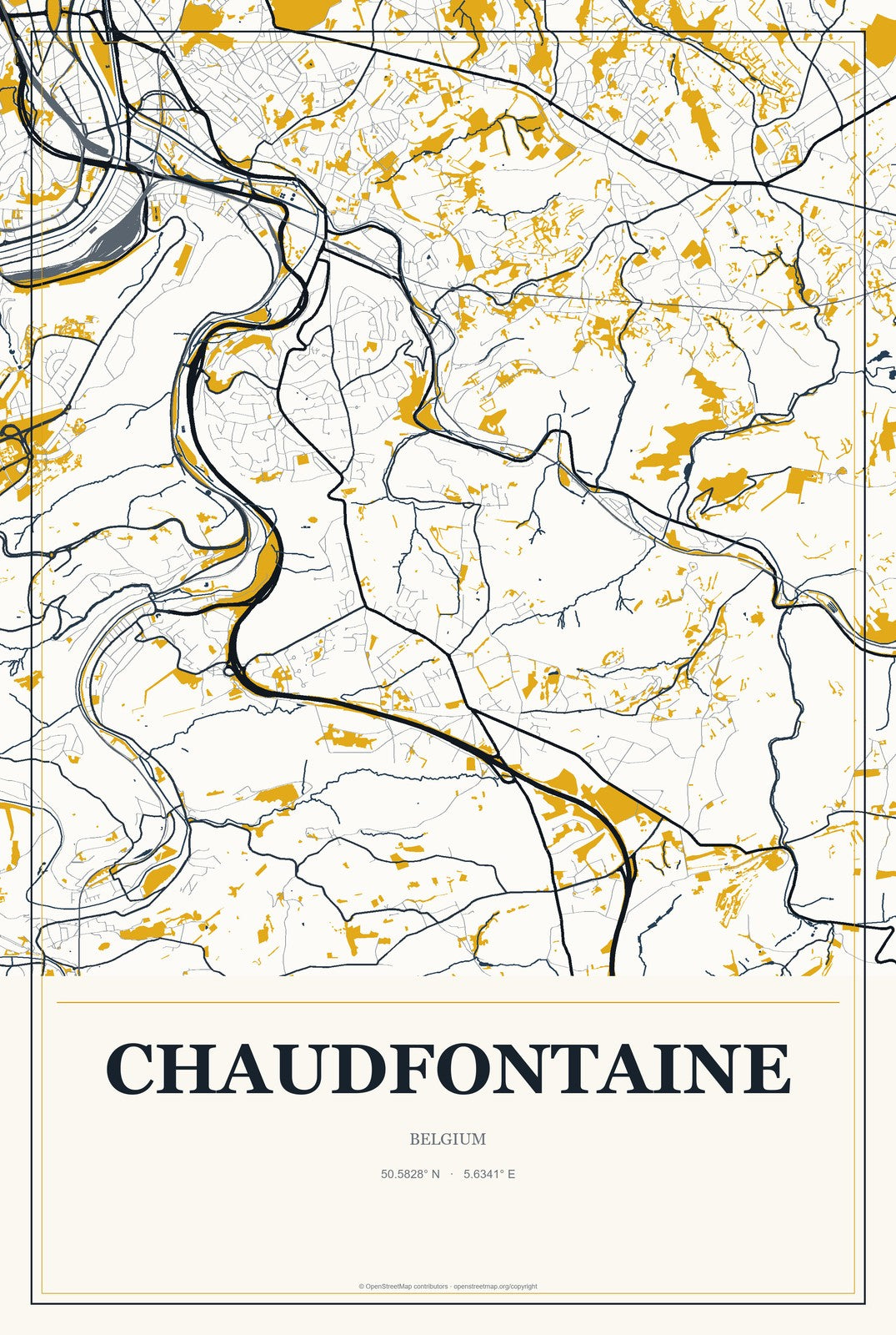 Chaudfontaine, Belgium City Map Aluminum Sign in Citrine Modern style