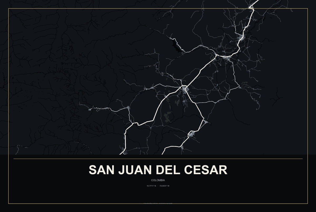 San Juan del Cesar, Colombia City Map Aluminum Sign in Metropolitan Noir style