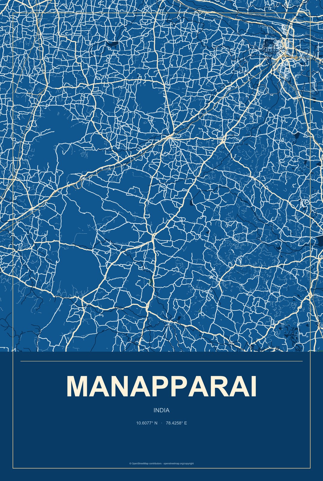 Manapparai, India City Map Aluminum Sign in Harbor Cobalt style